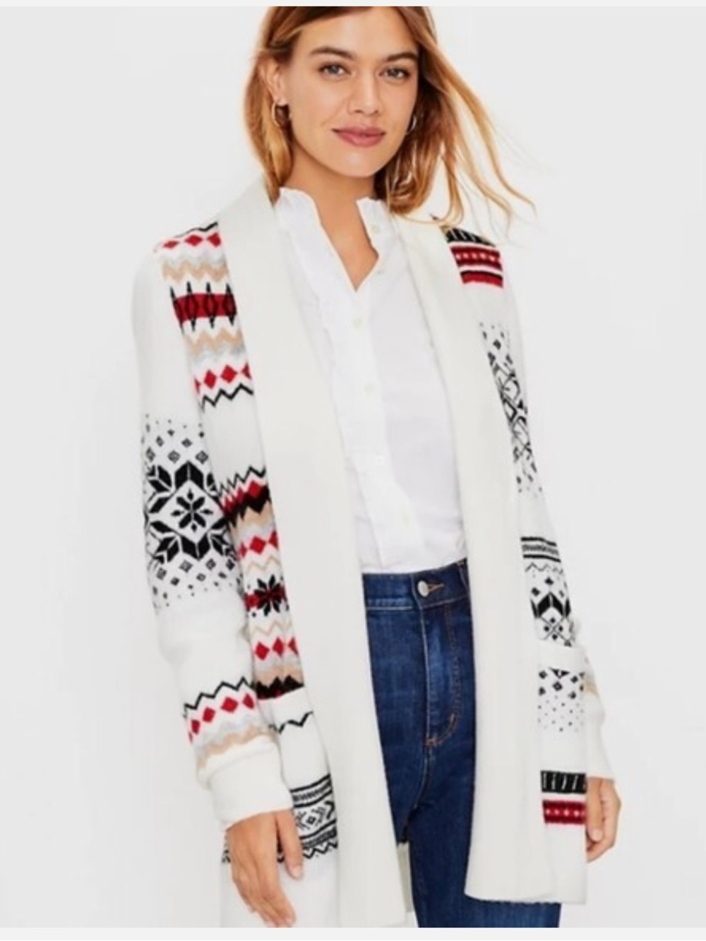 Loft White Fair Isle Open Front Pocket Cardigan Sweater Medium Nordic Winter